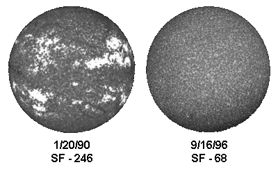 Solar disk at sunspot maximum and minimum