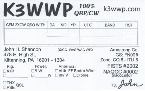 home designed and printed QSL card